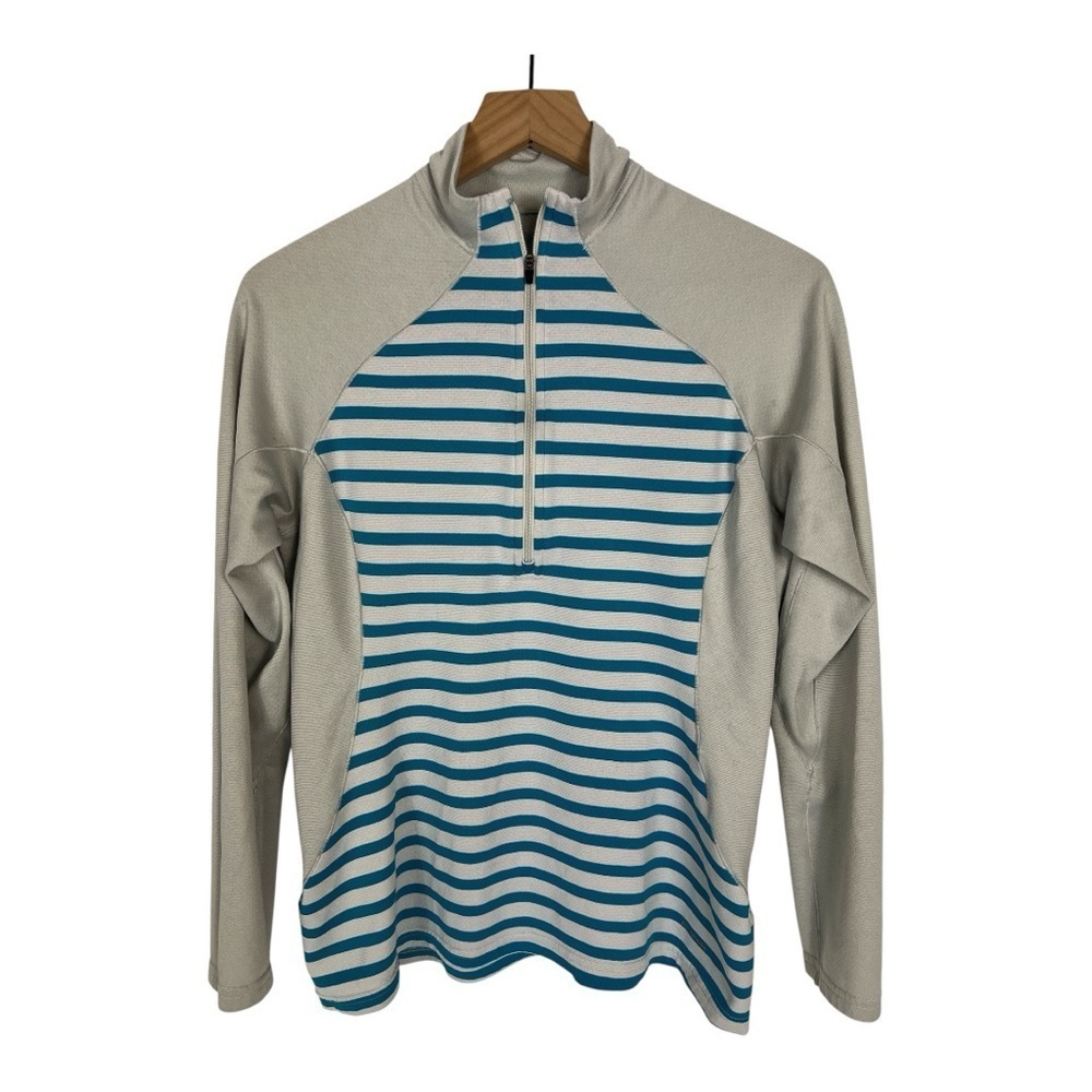 Patagonia Sz M Capilene3 Top Quarter Zip Blue and Gray Stripe Long Sleeve